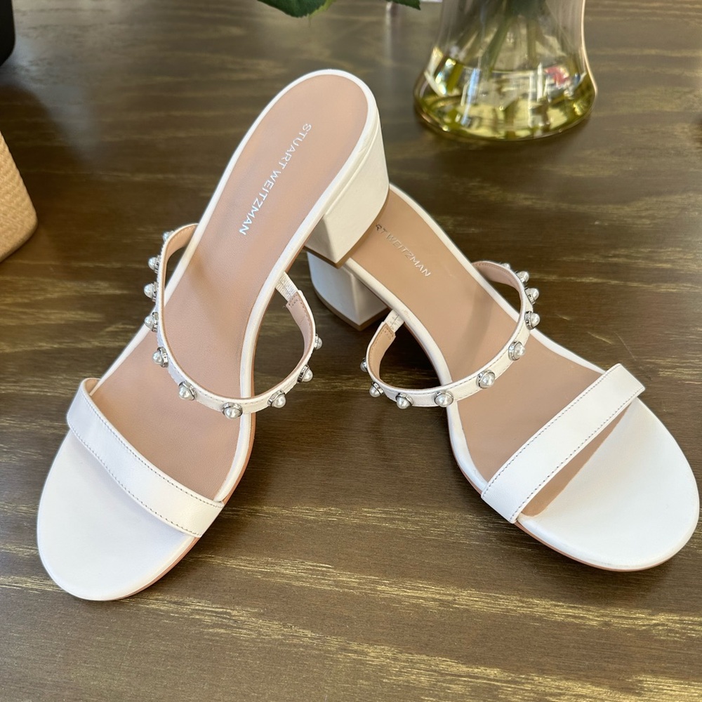 Stuart Weitzman White Pearly Strap Block Heel Sandals Sz9
